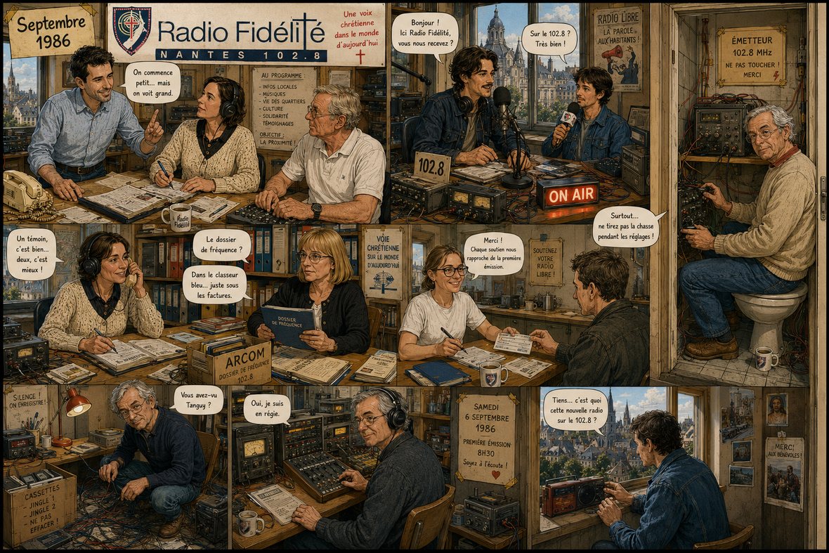Planche des débuts de Radio Fidélité en septembre 1986 : l’équipe autour d’une table couverte de journaux sous le panneau « Nantes 102.8 », une première interview au micro, le dossier de fréquence ARCOM, la remise d’un premier soutien, le technicien réglant l’émetteur installé dans les toilettes, la préparation des cassettes de jingles, l’affiche annonçant la première émission le samedi 6 septembre 1986 à 8 h 30, et un auditeur découvrant la station sur son transistor.