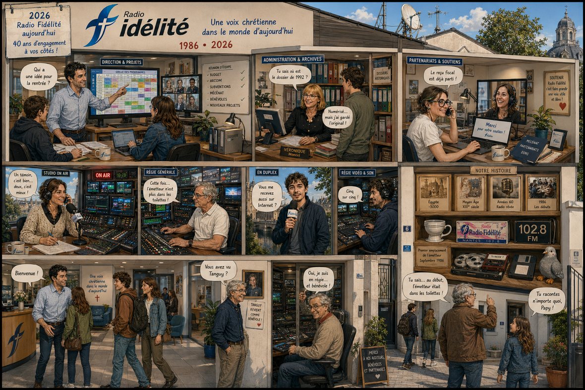 Coupe de la radio en 2026 pour ses quarante ans : le bureau direction et projets devant la grille des programmes, l’administration et les archives, le pôle partenariats, le studio en direct, la régie générale, un duplex en extérieur, l’accueil des visiteurs, la salle des serveurs, et une vitrine « Notre histoire » exposant les époques précédentes ainsi que la plaque 102.8 FM d’origine.