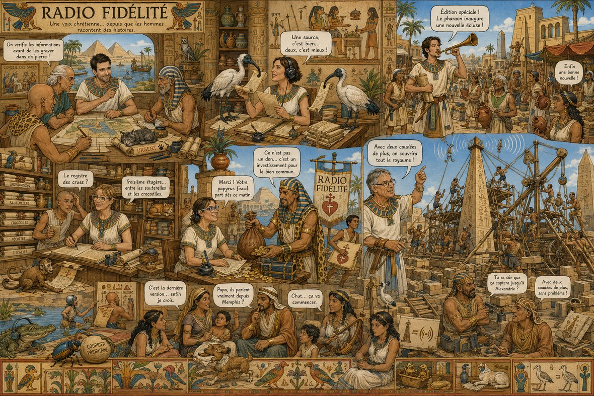 Planche illustrée situant l’équipe de Radio Fidélité dans l’Égypte antique : le conseil des sages autour d’une carte du Nil, une journaliste recevant des ibis porteurs de messages, un héraut à la trompe annonçant l’inauguration d’une écluse, une archiviste devant le registre des crues, la responsable du mécénat recevant la bourse du pharaon, le responsable technique dirigeant un chantier d’obélisques-antennes, et en bas les familles réunies pour écouter.