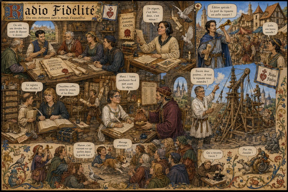 Planche médiévale : le directeur et le conseil relisant un dossier d’autorisation d’émettre, une journaliste recevant des pigeons voyageurs, un héraut à la trompe sur la place du marché, une archiviste au registre des récoltes, la responsable du mécénat recevant la bourse d’un bienfaiteur, le responsable technique devant l’échafaudage d’une tour, et en bas le peuple assemblé.