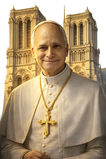 Illustration du pape Léon XIV devant Notre-Dame de Paris
