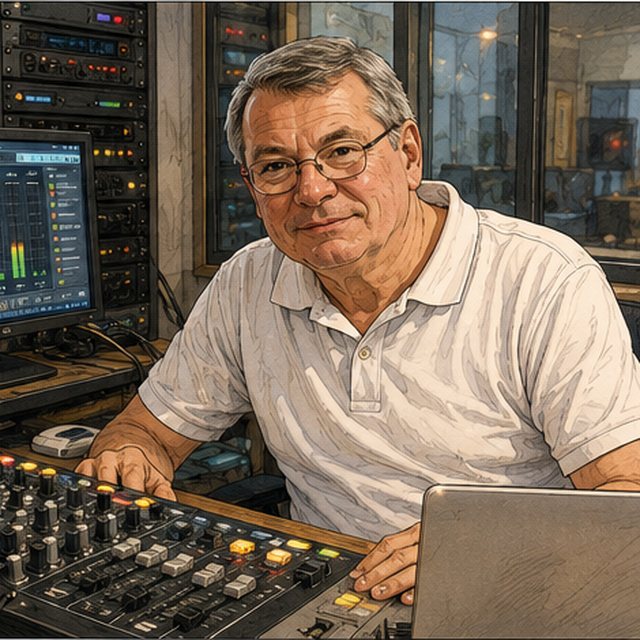 Portrait dessiné de Charles de Wolbock, en régie, devant la console et les baies techniques.