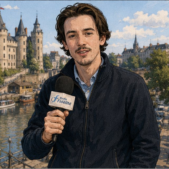 Portrait dessiné de Grégoire Berthaud, micro à la main, devant le château des ducs de Bretagne.