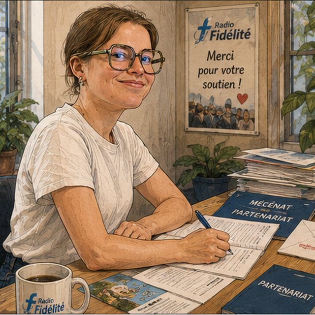 Portrait dessiné de Louise Rio, à son bureau, sous l’affiche « merci pour votre soutien ».