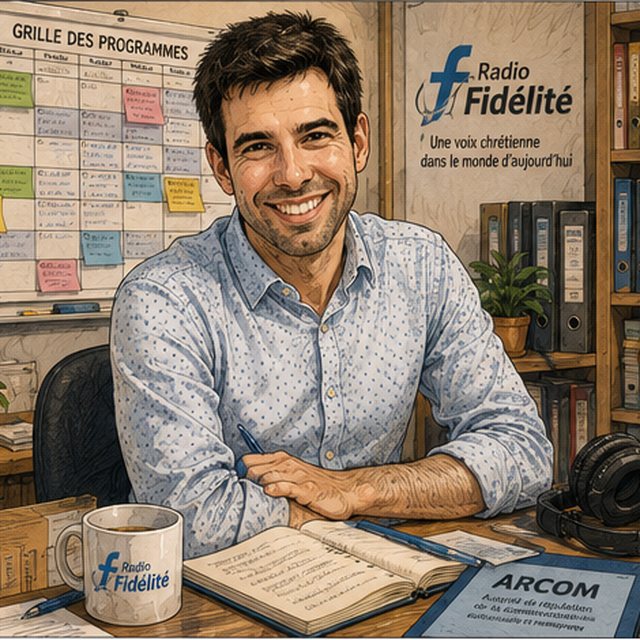 Portrait dessiné de Simon Marty, à son bureau, devant la grille des programmes.