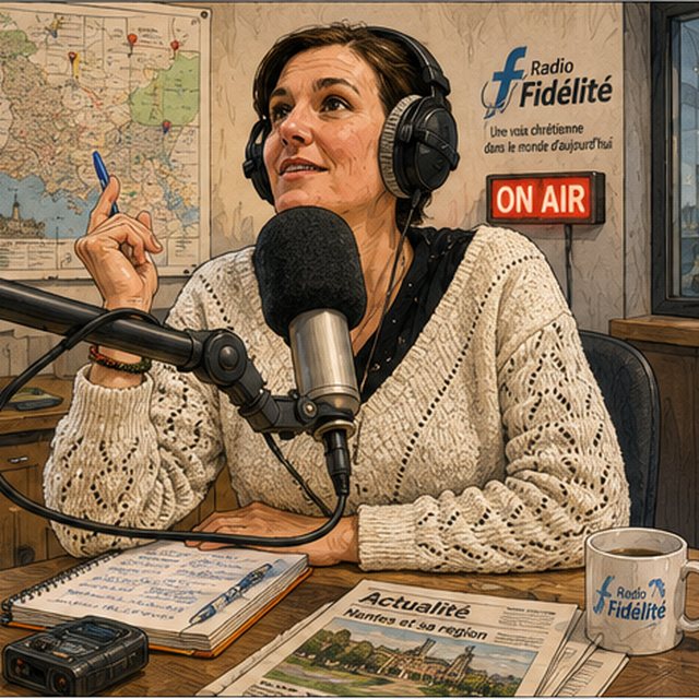 Portrait dessiné de Tiphaine Sellier, au micro du studio, casque sur les oreilles, sous le voyant « on air ».