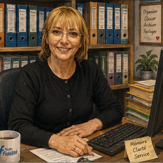 Portrait dessiné de Véronique Moncel, à son poste, devant les classeurs des archives.